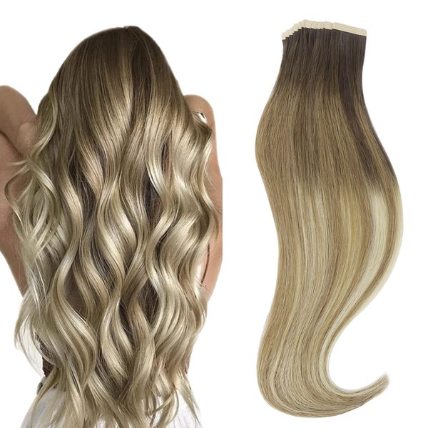 HOTBANANA Tape in Hair Extensions, 18 Inch Tape in Hair Extensions Human Hair 20pcs 50g Walnut Brown to Ash Brown and Bleach Blonde Balayage Tape Hair Extensions Straight Human Hair Tape in Extensions