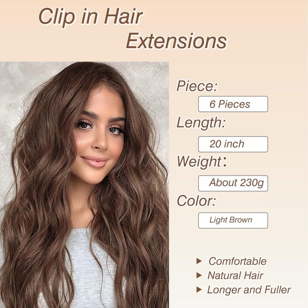Clip in Hair Extensions 6 PCS Natural Soft Hair Blends Well Hair Extensions 20 Inch Light Brown Long Wavy Hairpieces for Women