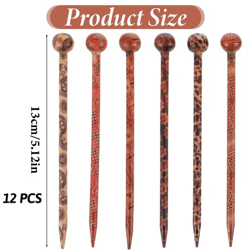 12Pcs Wooden Hair Sticks, Boho Vintage Wood Hair Sticks Japanese Chinese Hairpin Retro Hair Chopsticks Decorative Hanfu Pins Bun Holders for Long Hair Women Girls Handmade Hair Accessories, 13cm/5.12"