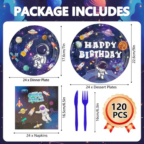 120 Pcs Space Birthday Paper Plates Napkins, Galaxy Party Supplies Tableware Set for 24 Guests, Space Themed Birthday Party Decorations for Kids Boys Girls Baby Shower