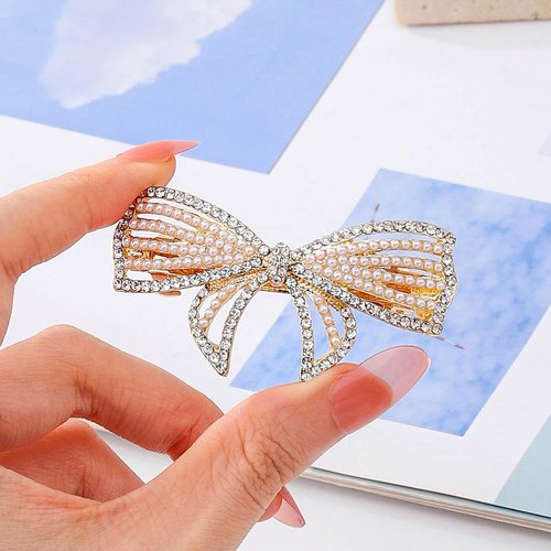 Fdesigner Crystal Bow Hair Clips Pearl Rhinestones Hair Barrette Jewelry Bowknot Hairpin Clips Wedding Bride Bow Knotted Headpieces for Women and Girls