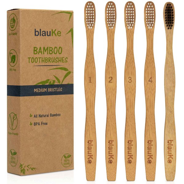 Bamboo Toothbrushes Medium Bristles 5-Pack – 4 White Wooden Toothbrushes, 1 Black Charcoal Toothbrush – Biodegradable Natural Eco Friendly