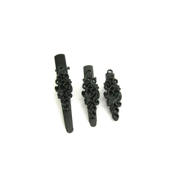 Small tiny black metal filigree hair pin alligator clip barrette for fine thin (Clip quantity: 2 clips, Pattern: 2.4 inches)