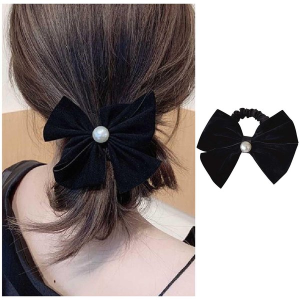 Vacaonio French Pearl Bow Hair Ties Rope Black Bow Hair Scrunchies Bow Knot Ponytail Holder Hair Tie Ribbon Bow Hair Rubber Band Elastic Bow Pearl Hair Rope Band Decorative Hair Accessory(Velvet Bow)