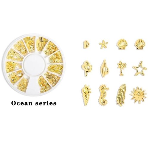 COOSLIM Gold Metallic 3D Pieces Rivet Palm Tree Turtles Marine Life Charms 12 Styles Nail Art Metal Studs for Summer Beach Ocean Manicure DIY Acrylic Nails Design Supply (Gold Ocean Studs)