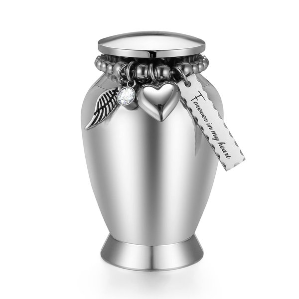 Small Urns for Human Ashes 2.85 Inch Small Keepsake Urns with Wing Charm Mini Cremation Urns for Ashes Stainless Steel Memorial Ashes Keepsake-Forever in My Heart