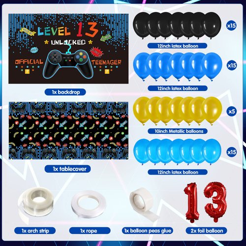 13th Birthday Decorations for Boys Video Game Party Supplies 69 Pieces Level 13 Up Birthday Decoration, Video Game Backdrop Table Cover Blue Gamer Balloons Favor Bag for Video Game Party