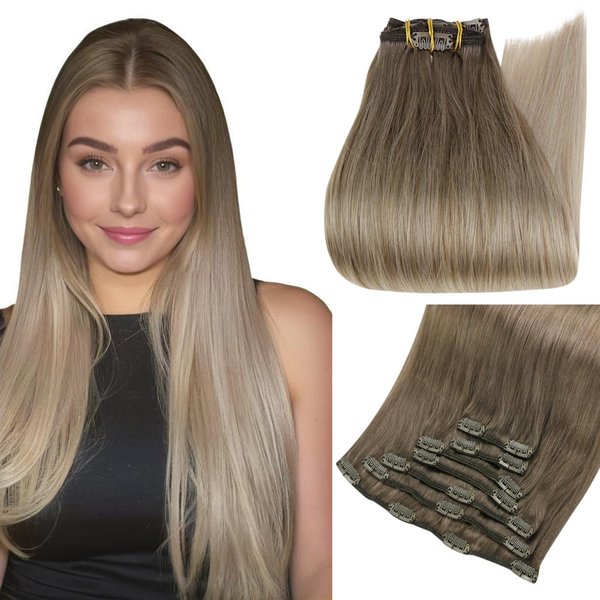 Full Shine Clip in Blonde Human Hair Extensions 14 Inch Ash Brown Ombre Ash Blonde Balayage Clip in Extensions Invisible Remy Hair Extensions Clip in Human Hair Natural Looking Hair Extensions