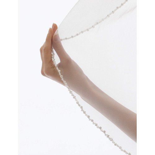 ELAWBTY Womens 1 Tier Fingertip Length Short Crystal Beaded Wedding Bridal Veil With Comb X09 Ivory