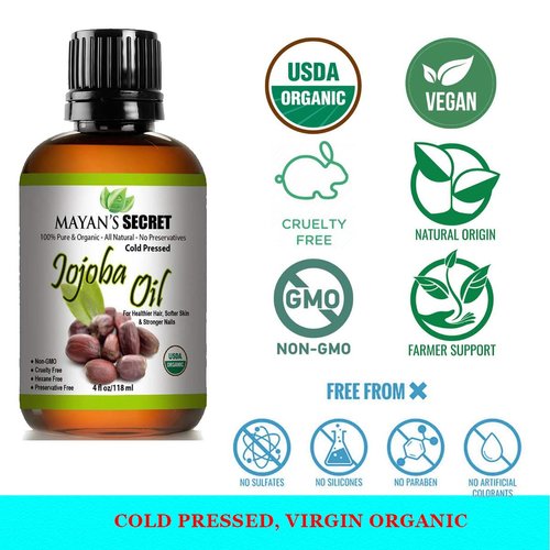 Mayan's Secret Jojoba Oil USDA Certified Organic (4oz Large) | Natural Cold Pressed Unrefined Hexane Free Oil for Hair & Face | Carrier Oil