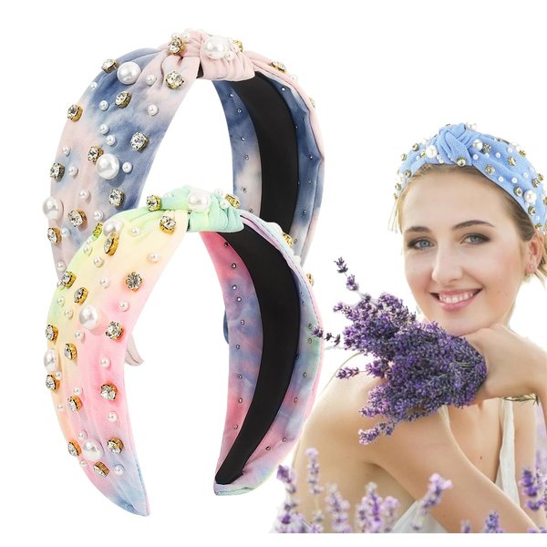 JILIYUPA Pearl Rhinestone Tweed Headband for Women Sparkle Luxury Pearl Knotted Knotted Headband Wide Vintage Ladies Embellished Crystal Rhinestone Headband for Girls (Colour, White blue)
