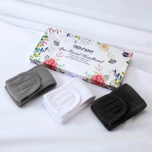Denfany Spa Headband 3 Pack Ultra Soft Adjustable Face Wash Headband Terry Cloth Stretch Make Up Wrap for Face Washing, Shower, Facial Mask, Yoga (Black + White + Grey)