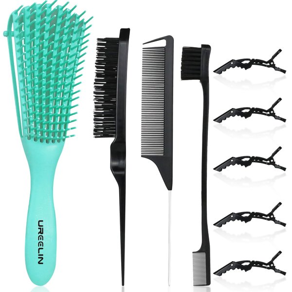 UREELIN Detangling Brush set, Detanger Hair Brush Edge&Back brush for Curly Hair Brush with Rat Tail Comb Alligator Hair Clips for 3a to 4c Kinky Wavy/Curly/Coily/Wet/Dry/Oil/Thick/Long Hair(Green)