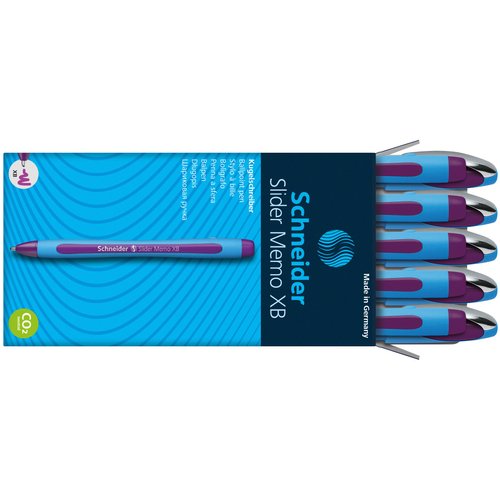 Schneider Slider Memo XB (Extra Broad) Ballpoint Pen, 1.4 mm, Light Blue Barrel, Violet Ink, Box of 10 Pens (150208)