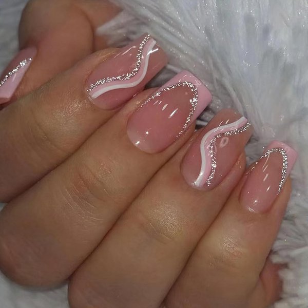 ROFIBUT Pink French Tip Press on Nails Medium Square Fake Nails Pink White Ripple Silver Glitter Glue on Nails Glossy Pink Tip Stick on Nails Reusable Coffin Acrylic Nails for Women Girls 24Pcs