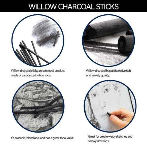 PANDAFLY Willow Charcoal Sticks, Soft, Black Artist Vine Charcoal for Artists, Beginners, Students, Great for Sketching, Drawing, Shading and Fine Art, 7-9mm, 25 Pack