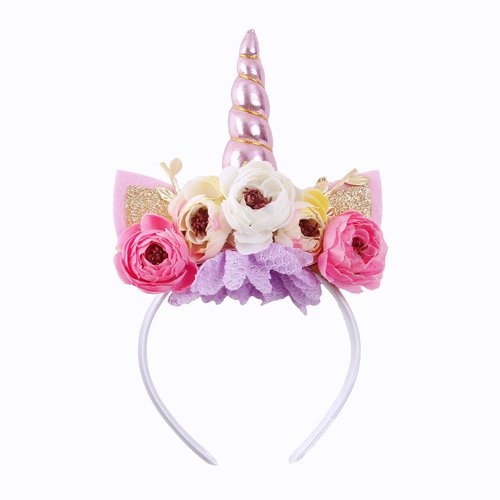 Nishine Girls Glitter Unicorn Horn Headband Camellia Pony Head Band Flower Hair Band Tiara for Party Birthday Gift (Pink)