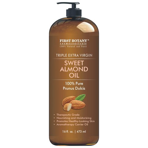 First Botany Cosmeceuticals, Cold Pressed Sweet Almond Oil - Triple AAA+ Grade Quality, For Hair, For Skin and For Face, 100% Pure and Natural with Pump dispenser, 16 fl oz