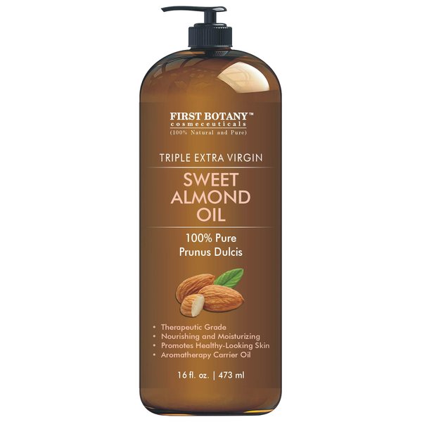 First Botany Cosmeceuticals, Cold Pressed Sweet Almond Oil - Triple AAA+ Grade Quality, For Hair, For Skin and For Face, 100% Pure and Natural with Pump dispenser, 16 fl oz