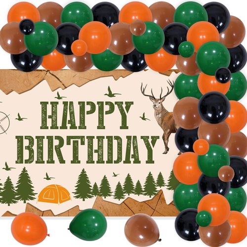 66Pcs Deer Hunting Theme Birthday Party Decorations Set, Hunting Party Supplies with Happy Birthfday Backdrop, Balloons Arch Kit, Deer Hunting Photography Background Party Decors for Kids Adults