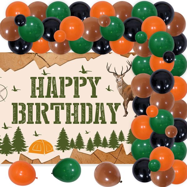 66Pcs Deer Hunting Theme Birthday Party Decorations Set, Hunting Party Supplies with Happy Birthfday Backdrop, Balloons Arch Kit, Deer Hunting Photography Background Party Decors for Kids Adults
