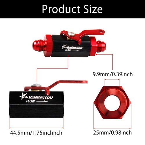 Ryanstar AN6 Fuel Shut Off Valve 6AN to 6AN Male Fitting Aluminum Anodized Black&Red