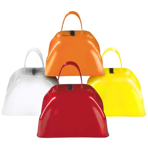 ArtCreativity 3 Inch Metal Cowbells Set - Pack of 4 - Loud Metal Cowbell Noisemakers with Handles - Red, Orange, Yellow and White Cowbell Set, Great for Football Games, Sporting Events, New Year’s Eve