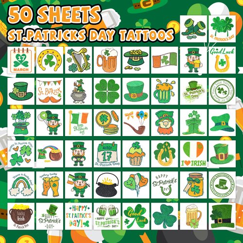 EMOME 50 Sheets Glitter Shamrock Tattoos Stickers, Individually Wrapped Glitter Irish Tattoo Stickers St Patricks Day Decorations Accessories, Glitter Temporary Tattoos for Kids St. Patrick's Day