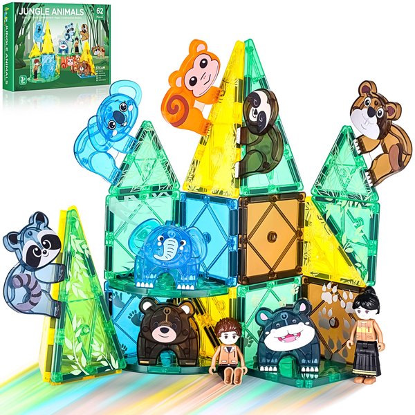 Asago Magnetic Tiles Set, Magnet Blocks Building Toys, Safari Animals Magnetictile for Toddler 1-3 3-5, Assembly 3D Structure Jungle & Forest Theme, STEM Learning Toy for Kids Girls,Boys Age 3 4 5 6 7