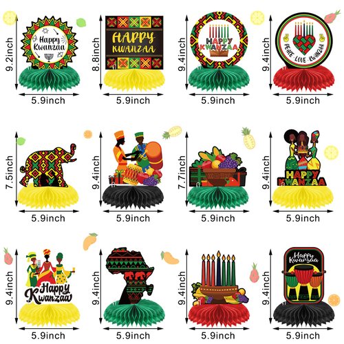12 Pieces Kwanzaa Centerpiece Happy Kwanzaa Honeycomb Centerpiece African Heritage Honeycomb Table Centerpieces Kwanzaa Party Decorations for Kwanzaa Holiday Party Supplies, 12 Styles