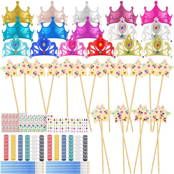 Shappy 64 Pieces Fairy Craft Kit Include 16 Unfinished Wooden Princess Wands 16 Princess Crowns 16 Gem Stickers and 16 Acrylic Paints for Art DIY Princess Birthday Handwork Party
