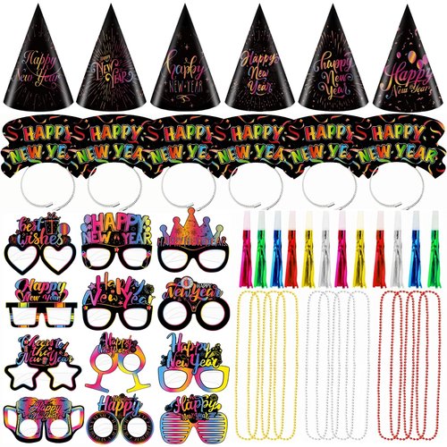 YVAINE 2025 Happy New Year Party Decorations 48pcs New Years Eve Party Supplies Happy New Year Party Cone Hats, Tiaras, Blowouts and Necklace, 2025 New Years Party Decoration Supplies