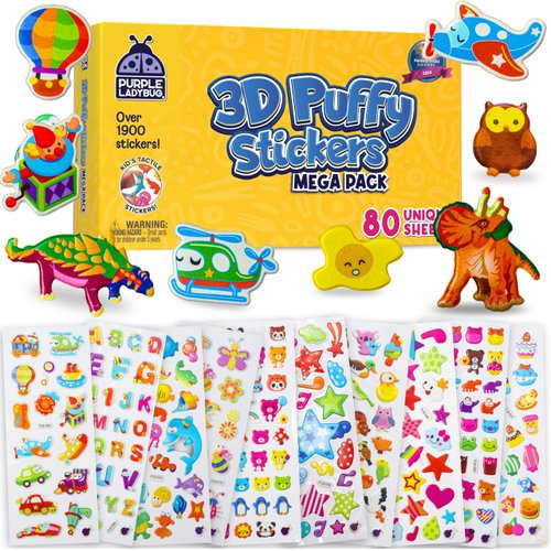 PURPLE LADYBUG 1900 Small Puffy Stickers for Kids Ages 4-8 - 80 Assorted Foam Sticker Sheets - Fun 3D Stickers for Kids, Road Trip Activities for Kids Travel Essentials, Travel Toys for Toddlers 1-3