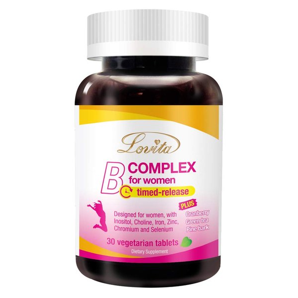 Lovita B Complex Supplement for Women - High Potency Timed Release with Iron, Vitamin C, Cranberry, Pine Bark, Green Tea, 30 Vegetarian Tablets