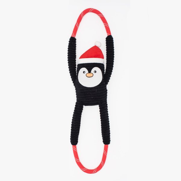 ZippyPaws RopeTugz Christmas Dog Toy - Plush Squeaky Holiday Dog Gifts for Small & Medium Puppy Dogs, Interactive Hide & Seek Stocking Stuffers for Pets - Penguin
