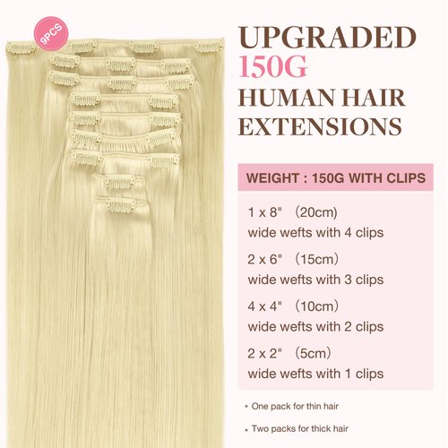 GOO GOO Clip in Hair Extensions Real Human Hair, 18inch 150g 9Pcs, 613R Bleach Blonde, Remy Human Hair Extensions Clip ins for Women, Natural Human Hair