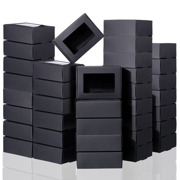 Zonon Mini Kraft Paper Box with Window Black Soap Packaging Boxes Present Packaging Box Treat Box for Homemade Soap Favor Treat Bakery Candy, 3.54 x 2.44 x 1.26Inch (100 Pieces)