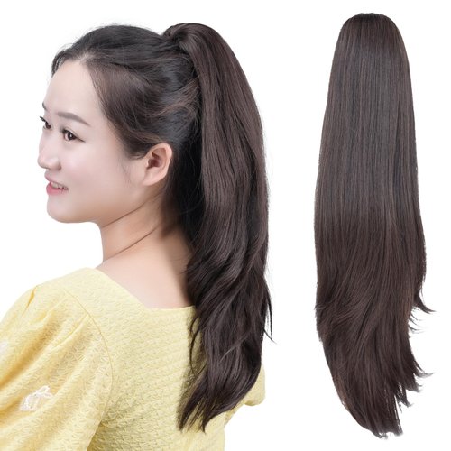 HSPCYGG Dark Brown Ponytail Synthetic Claw Clip Pony tail Hair Extensions 18" Straight 4.2 Oz Fake Hairpieces Women Yaki Fluffy¬ Tangled
