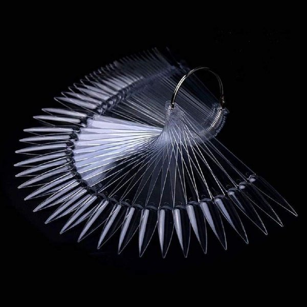 2 Sets 100 Tips Fan Shape Plastic Nail Art Tips Display Polish Board Display Practice Sticks with Metal Split Ring Holder (Clear Color)