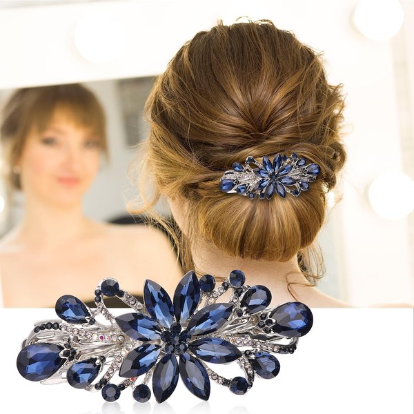 Flower Luxury Jewelry Design Hairpin, Deep Ocean Blue Rhinestone Hair Barrette Clip, Gorgeous Hair Accessory for Wedding and Women, Crystal Floral Hair Jewelry for Girls Mom Bridal