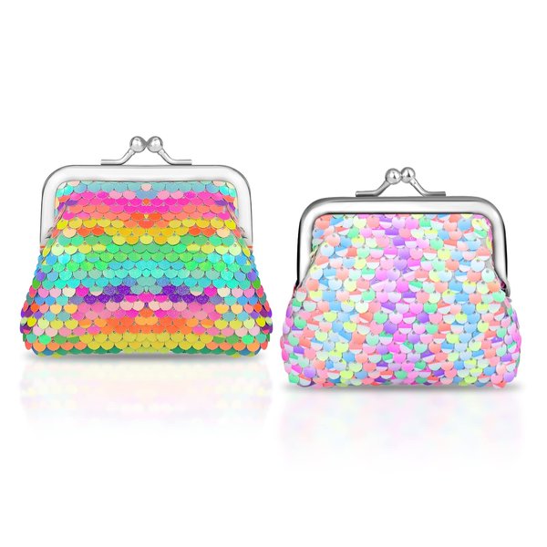 WisePoint Change Purse 2 Packs, Nylon Coin Purse for Women and Girls, Double Sided Sequin Coin Purses Coin Wallet with Kiss Lock Closure, Colorful Coin Pouch for Change, Keys, Lipstick