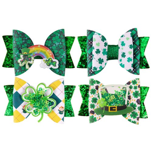 Whaline St. Patrick's Day Bow Clips Glitter Green Shamrock Clover Hair Pins Quicksand Bow Hair Barrettes Alligator Clip Hair Accessories for Girls Women Toddlers Holiday Birthday Gifts, 4 Pack