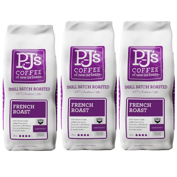 PJ's Coffee - French Roast Ground Coffee (Pack of 3) - Intense & Bold Dark Roast with Smoky Overtones