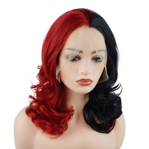 Meiyite Hair Wavy Shoulder Length 16inch Half Black Half Red Mix Half Hand Tied Realistic Synthetic Lace Front Wigs