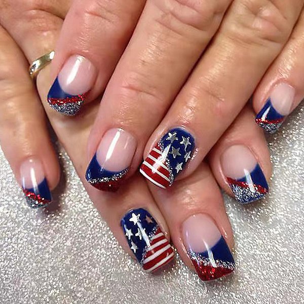 Medium Square Press on Nails French Tips Fake Nails Red and Blue Glitter Glue on Nails American Flag False Nails with Stars and Stripes Design Glossy Acrylic Stick on Nails for Women 24PCS