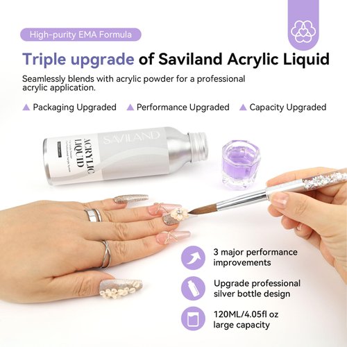 Saviland Professional Acrylic Liquid Set - 4.06fl oz Acrylic Nail Liquid with Acrylic Nail Brush Dappen Dish for Acrylic Application DIY Acrylic Nails Carving Nail Extension Home Salon Use