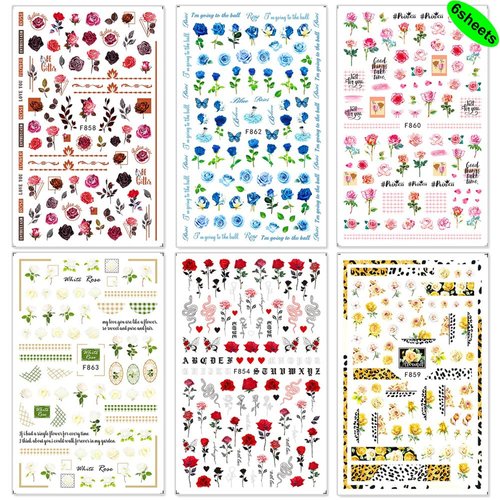 Flower Nail Art Stickers Decals 6Sheets Spring Rose 3D Self-Adhesive Nail Stickers Flowers Rose Butterfly Design Nail Decals for Nail Art Women Girls Acrylic Nails Decorations DIY Nail Art Supplies