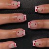 24Pcs French Tip Press on Nails Short Square Fake Nails Cherry Heart Red False Nails Red Gems Designs Acrylic Glossy Nails Red Rhinestones Glue on Nails for Valentines Women Manicure Decorations