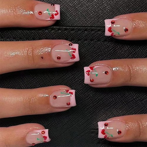 24Pcs French Tip Press on Nails Short Square Fake Nails Cherry Heart Red False Nails Red Gems Designs Acrylic Glossy Nails Red Rhinestones Glue on Nails for Valentines Women Manicure Decorations