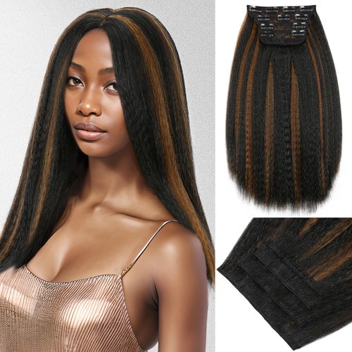 WIGNEE Kinky Straight Clip Ins Hair Extensions 4 Pcs Yaki Straight Clip Ins with Lace Weft 16 Inch Clip In Hair Extensions Black Women Seamless Clip Ins for Black Women